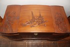 Vintage Asian Wood Carved Large Jewelry Box Dragon Red Velvet Lining See Note
