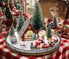 12-piece Christmas Village Table Decor Set With Oak Rotating Base