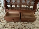 Vtg Wooden Spice Rack 2 Shelves   2 Drawers W 12 Tcw Glass Spice Jars W labels