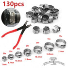 130x Assorted Hose Clamp Stainless Steel Ear Cinch Rings Crimp Pinch Set Pliers