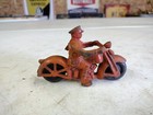Antique 4 25  Orange Arcade Cast Iron Motorcycle Cop With Rubber Wheels