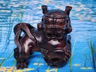 Vintage Chinese Carved Hardwood Temple Foo Dogs Lions Standing On Sphere Pair