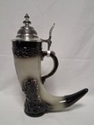 Vintage German Drinking Horn Beer Stein With Pewter Lid Imperial Eagle Crest