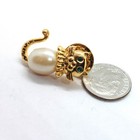 Vintage Cat Pin Faux Pearl Body Brass Tone Green Rhinestone Eyes Kitty Lapel