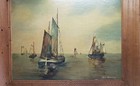 Eve Bowling Original Antique Oil On Board Seascape Painting With Boats  Signed