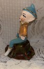 Vintage Pixie Elf  And Bird Ceramic Figurine Sitting On Tree Stump Signed