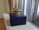 Cobalt Blue Square Glass Inkwell With Original Brass Hinged Cover