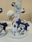 Vintage Blue White Porcelain Taper Candle Holder Pair Girl Tree Puppy Bird Vases