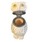 Vintage Owl Trinket Box White Stone Hinged Metal Mount Jewelry Snuff Box