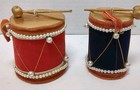 Vtg X2 Christmas Ornament Drum Instrument Japan Cardboard Felt Pearl Velvet