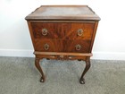 Antique Ball Claw Flame Chippendale Burl Mahogany 2 Drw Spool Sewing Table 1940s