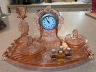 Vintage Pink Pressed Glass Vanity Set W  Clock Tray Candlestick Powder Jars