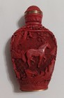 Vintage Chinese Cinnabar Snuff Bottle W carved Horses  Perfume Bottle  Signed