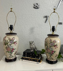 Pair Of Vintage Asian Oriental Porcelain Floral Ginger Jar Vase Table Lamps 