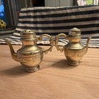 Vtg Gold Tone Metal Teapot Shape Salt Pepper Shaker Set 2pc Novelty