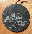 Vintage Inuit Soapstone Carved  Hangable Plaque Of Eskimo Ice Fishing And Igloos
