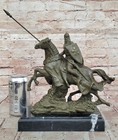 Bronze Art Sculpture A Man Warrior Soldier On Horse Statue Marble Base Artwork