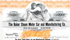 Baker Steam Motor Car Company 1920 Stock Certificate   Hartley Baker Signed
