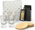 Shot Glass Set With Gold Rim 1 Oz Glasses  Napkins  4 Coasters Playing Cards