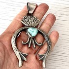 Big Navajo Naja Pendant Turquoise 3 75in Squash Blossom Signed 925 Matte