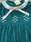 Vtg Baby Girl 3-6 Months Green Velvet Smocking With Pink Rose Buds