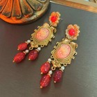 Vintage European Floral Cameo Drop Earrings Gold Plated Rhinestone Pearl Dangle