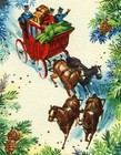 Vintage Christmas Greeting Card Victorian Stagecoach Horses Mid Century Modern