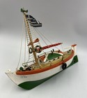 Vtg Wooden Model Sailing Boat Greece Folk Art Hand Made Ropes Flags Signed Read