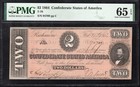 T-70 1864  2 Confederate Currency Pmg 65 Epq Civil War Note 94709