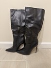 Women   s Black Faux Leather Knee High Stiletto Pointed Toe Zip Boots Us 8