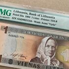 Pmg Lithuania 1 Litas  1994  P-53  Authenticated Banknote Lithuanian Paper Money