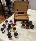 Vtg Belding Hemingway Black Wooden Mini Silk Thread Spools In Case Lot Of 17