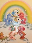 Vintage Care Bears Holiday Christmas Card Glittered Snowman Rainbow Embossed Nos