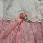Vintage Girls Pink White Eyelet Lace Striped Floral Ruffle Dress Rosebud Accent