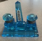 Antique French Art Deco Cut    azure Blue    Glass Inkwell Set  Two Hinged Ink Wells