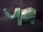 Hand Carved Soapstone Elephant Bright Green With White Floral Accents