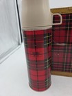 Vintage 1950s Car-snac Picnic Metal Tin Litho Basket Thermos Set Plaid With Tan