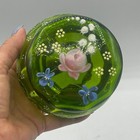 Antique Bohemian Hand Painted Enameled Green Glass Hinged Jewelry Dresser Box