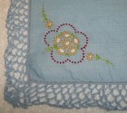 Vintage Blue Ladies Handkerchiefs Embroidered Flowers Crocheted Edge