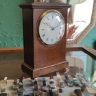 Antique Victorian Edwardian Brass Mantle Clock Wooden Inlay English Mahogany 