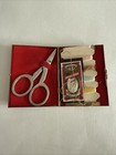 Vtg Gold Tone Mini Sewing Kit Metal Box W  Sisssors Travel