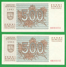 Lithuania Consecutive Numbers Pair 500 Talonu 1993 Unc Wolves 5221
