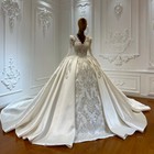 Luxury Satin Long Sleeves Wedding Dresses V Neck Beaded O Back Bridal Gowns