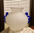 Beautiful Studio Art Frosted White Crackle Vase W  Appliqu   Blue Handles