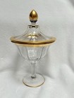 Vintage Clear Glass Pedestal Compote Candy Lidded Dish Gold Trim Heisey Style