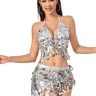 Belly Dance Sequin Tassel Hip Scarf With Halter Bra Top Set Latin Dance Costumes