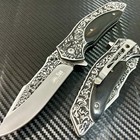 9    Black Wood Flower Military Tactical Spring Assisted Open Folding Pocket Knife