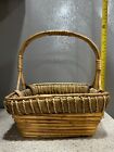 Vintage Wicker Basket W handle 2 Tone Brown Rectangle 12   wx9 5   lx11   h Sturdy Vgc