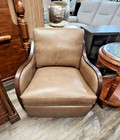 American Signature Brown Leather Accent Chair Exposed Wood Frame Armchair Lounge