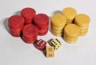 Vintage Catalin Bakelite Butterscotch   Red Swirl Backgammon Chips  30  And Dice